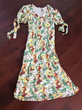 Anthropologie Floral Midi Dress in Cream, Green & Orange size large petite